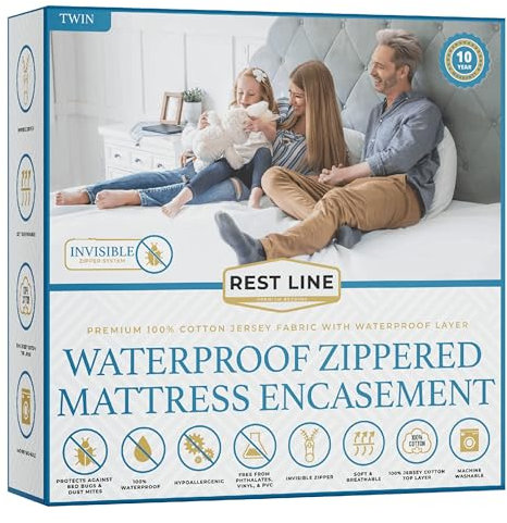 Rest Line - 100% Cotton Waterproof Zippered Mattress Encasement - Twin