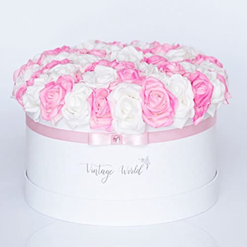 Vintage World Infinity Miami Handgemachte Rosenbox, 35 Rosen, Geschenkidee, lange haltbar, rosa-weiß