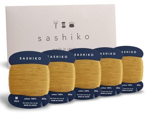 DARUMA Sashiko-Faden, 100% Baumwolle, Karton-Typ (43,7 Yd) x 5 Stück mit englischer Anleitung, Näh- und Stickerei-Set (Gold)
