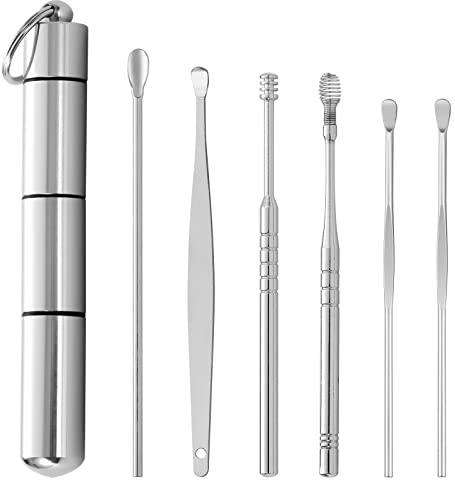 Cuchara para Oído Kit de Limpieza para Oídos Removedor de Cera de Oído Acero Inoxidable Portátil para Adultos Plata 6 Piezas
