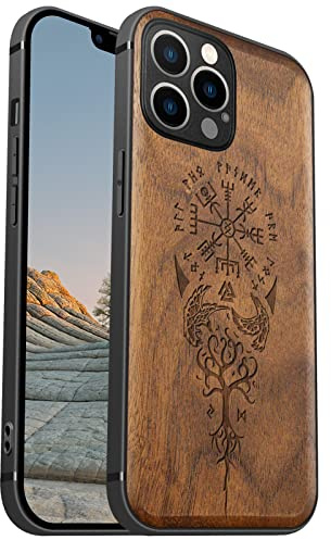 Carveit Magnetisch Hülle für iPhone 12 Pro Case [Elegante Walnuss] [Weich TPU Stoßstange] Stoßfeste Handyhülle Kompatibel mit 12Pro Magsafe Hülle Holz （Wikingerkompass Vegvisir） | Handyhulle kompatibel MagSafe Massivholz für iPhone 12 Pro Handyhülle Stoßstange Weich TPU Case