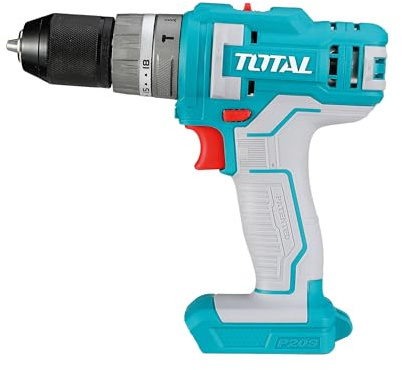 TOTAL - Taladro Percutor a Batería 20V - Portabrocas Metálico con Autobloqueo hasta 10 mm - 18 Posiciones Apriete, 1 Taladro, 1 Percusión - 2 Velocidades y Luz LED - No Incluye Batería ni Cargador