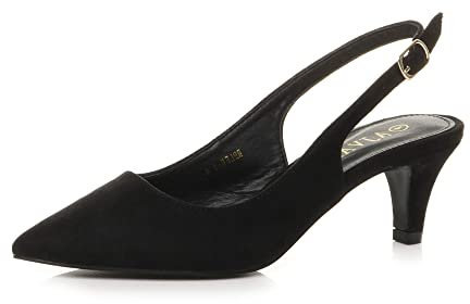 AJVANI Womens Ladies Low Heel 50s Slingback Buckle Pointed Open Back Shoes Size 5 38 Black Suede