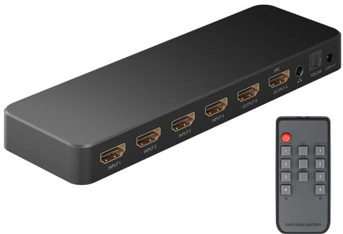 goobay HDMI Matrix Switch 4x2, 4K 60Hz Umschalter für 4 Quellen an 2 Monitore, mit Audio Extractor (Toslink + 3.5mm Klinke), HDCP 2.2, inkl. Fernbedienung - 58479
