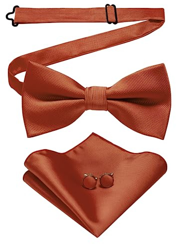 JEMYGINS Einfarbige vorgebundene Fliege und Einstecktuch mit Manschettenknöpfen Sets für Herren, rust, general