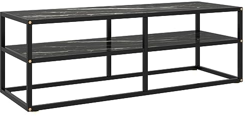 CIADAZ TV-Schrank, Tv Board, Tv Lowboard, Tv Tisch, Fernsehschrank, Fernsehtisch, Kommode, Sideboard Wohnzimmer, Tv Sideboard, Schwarz mit Schwarzer Marmor-Optik Glas 120x40x40 cm
