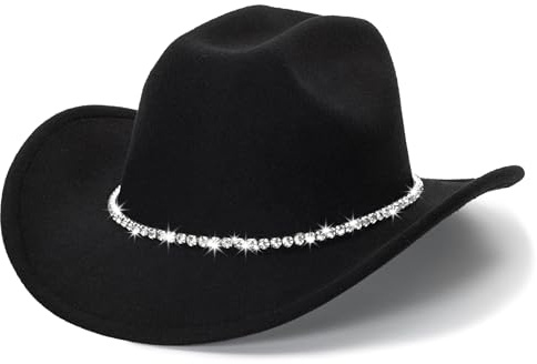 Klassischer Cowboy- und Cowgirlhut aus Filz mit breiter Krempe und Schnalle für Damen und Herren (Größe: M), Schwarz mit Diamanten, M/L
