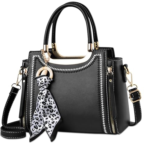 SODOLLEE Handtasche Damen Henkeltaschen mit Seidentuch Anhänger Elegant Umhängetasche PU Leder Schultertasche für Reisen Shopper Arbeiten Schwarz