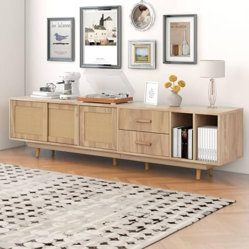 Sweiko TV-Schrank,Rattan TV-Lowboards für 80-Zoll-Fernseher,Entertainment Center Sideboard mit Schiebetüren und Schubladen,Medienkonsole Fernsehschrank mit Offene Regale (Natural Oak)