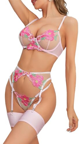 bslingerie Sexy Damen-Dessous, 4-teilig, Spitze, florales Strumpfband, Dessous, Babydoll, durchsichtiger BH, Pink, Small