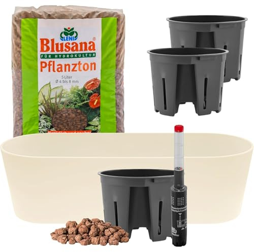 Leni Flori Jardiniere Blumentopf Panna/hell beige länglich 36 cm Hydrokultur-Komplett-Set mit Übertopf Hydro-Töpfen Wasserstandsanzeiger & Pflanzton