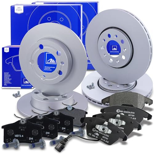 ATE Bremsenset inkl. Bremsscheiben vorne Ø 288 mm belüftet + hinten Ø 230 mm voll und Bremsbeläge vorne + hinten und Warnkontakt Kompatibel mit AUDI A1, SEAT IBIZA, SKODA FABIA, ROOMSTER, VW POLO