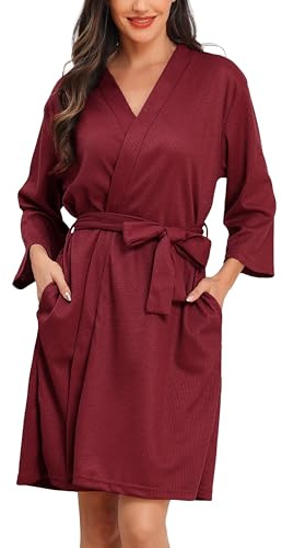 Lovasy Dam Kort Kimono Stickad Våffla Badrockar Och Morgonrockar Mjuk Lätt Knälängd V-Neck Badrock Bälte, Rödvin, L