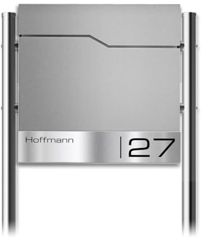 Metzler Briefkasten mit Pfosten in RAL 9007 Graualuminium Enno - Standbriefkasten mit V2A Edelstahl Namensschild & Zeitungsfach - Briefkasten mit Gravur - Postkasten, Größe: 37 x 37 x 10,5 cm