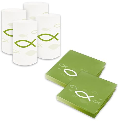 itenga Tischdeko Set - Servietten Motiv Fisch 30 x 30cm 3-lagig 40 Stück und 6 Windlichter für Kommunion Konfirmation Hochzeit Taufe und andere Feiern (grün weiss)