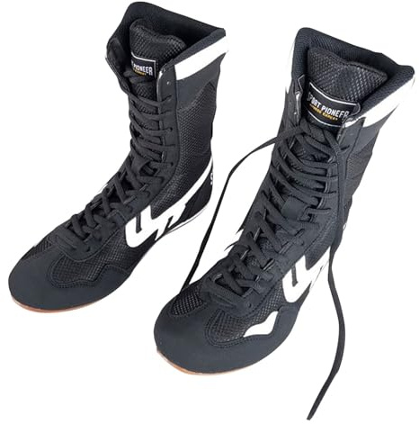 Boxskor, High Top Training brottningsskor, långa stövlar, boxningsskor, tävlingsträning, sneakers, män, svart, vit sula, svart, 41 EU