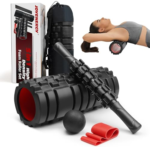 JOYENERGY Set di rulli in schiuma 5 in 1 ad alta densità brevettati, bastone da massaggio, palla da massaggio, fascia di resistenza per massaggi muscolari profondi, pilates, yoga, fitness, per il
