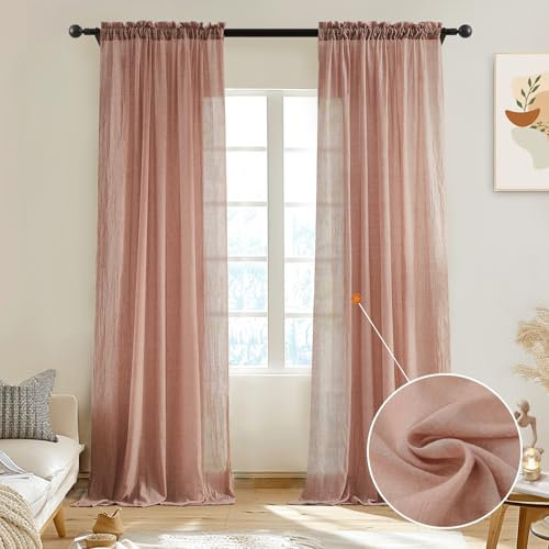 Melodieux Blush Pink Sheer Curtains 108 Inches Long for Living Room, Elegant Cotton Linen Light Filtering Window Sheer Drapes Bedroom Farmhouse Rod Pocket Crepe Curtains, 52”W x 108”L, 2 Panels