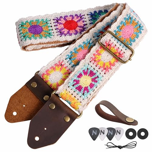Nefelibata Gitarrengurt, Jacquard-Stickerei Baumwolle Gitarrengurte mit Crazy Horse Leder Enden für Bass, elektrische & akustische, Geschenke für Kinder, Gitarristen