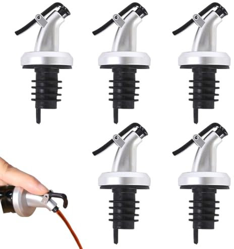 5 Piezas Vertedor de Acero Inoxidable, Taper Vertedores Aceite con Tapa Abatible y Cepillos de Limpieza, Anti Goteo para Botellas de Vino, Cócteles, Alcohol, Bebidas, Aceite de Oliva, Jarabe aceitera