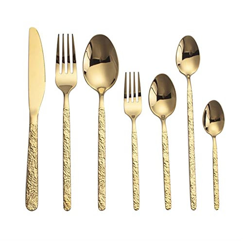 CURZLERH Set di Posate 7 Pezzi 1 Set Posate Dorate per Bistecca in Pietra Texture Stile Occidentale Semplice Cucchiaio in Acciaio Inossidabile Set di Posate squisite stoviglie,