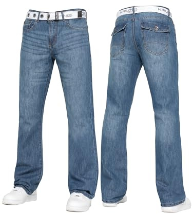 BRAND KRUZE Mens Bootcut Jeans Casual Flared Wide Leg Free Belt Stylish Fashion Denim Trouser Pants KZ115 Blue 34W / 32L