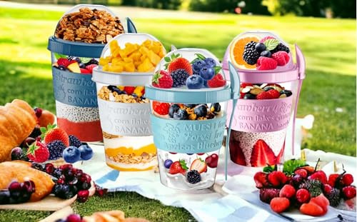 4All Yogurt Pots 20oz With Spoon Reuseable 600ml Museli Cup Cereal Containers Storage With Lid Airtight Overnight Oats Jar BPA Free Breakfast Cup Cereal On The Go Dishwasher Safe (PACK 4)