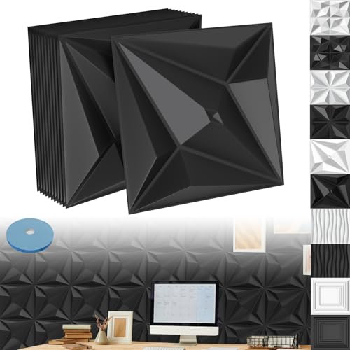 XINZI 3D Wandpaneele PVC Wandverkleidung Wanddeko 50x50 cm, 48 Stück 3D Wandplatten Wall Panels Gaming Wandpaneele, Deckenplatten Wall Deko Panel für Deckenpaneele Wand Panels, Pyramide Schwarz, 12m²