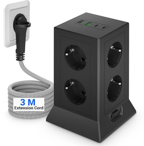 Ciabatta elettrica a 8 prese, con 4 USB C, multipresa, protezione contro le sovratensioni, adattatore, torre con interruttore, distributore di corrente con cavo da 3 m, per ufficio e casa, colore nero