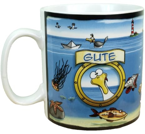 Großer Kaffeebecher - Gute Laune Pott - Becher Tasse Maritim Porzellan 500ml Möwe Leuchtturm Strand Meer Jumbotasse mit kl. Fehlern