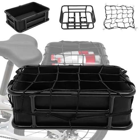 Cesto Bicicleta Trasero, Cesta Trasera para Bicicleta, Cesta de Bicicleta Trasera con Red de Carga y Forro Grueso para Bicicleta, para la mayoría de Bicicletas y Bicicletas eléctricas, 70 kg, Negro