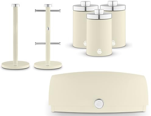 Swan TheTownhouse Range Cream Bread Bin, Tea, Coffee, Sugar Canisters, Mug Tree & Towel Pole. Contemporary Matching Kitchen Storage Set of 6