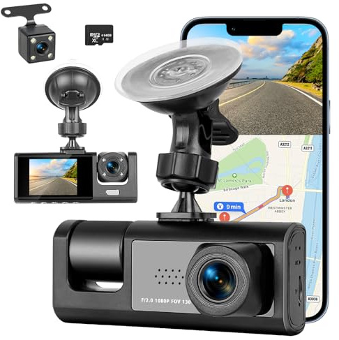 Dash Cam Front and Rear 1080P Full HD, Built-in WiFi Dash Cam with 64GB Card 2 IPS Screen - 3 Channel Dash Camera for Cars, 170° Wide Angle WDR, Super Night Vision, G-Sensor, Loop Recording
