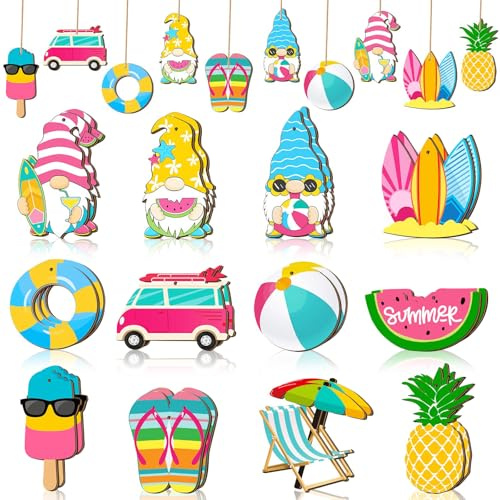Baumschmuck Sommer 24 Stück Sommerlicher Strand Holzanhänger Hawaiianische Holz Hängende Sommer Hängedeko Holz für Hawaii Sommerparty Tropische Dekorationen