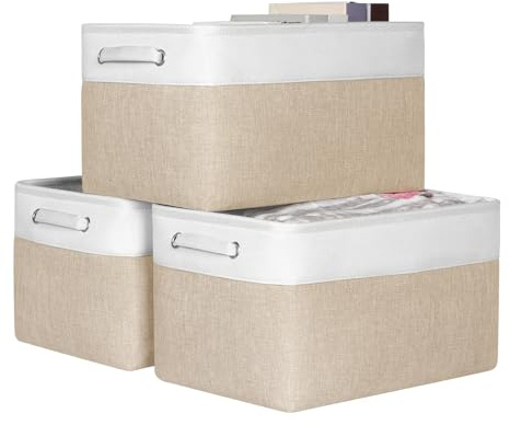 KEEGH Fabric Storage Baskets Set of 3, 17 Inch Storage Boxes for Shelves | Foldable With Hard Bottom Storage Organizer, Fabric Baskets With Handle for Organizing Home and Office - White/Beige