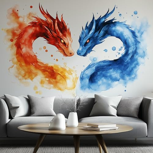Aquarell Drachen-Wandaufkleber, Feuerwasser-Design, Fantasie-Raumdekoration, großer Drachen-Wandaufkleber, mythisches Kunst-Wandbild, Geschenk für Drachenliebhaber