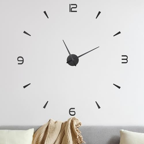 M METERXITY 1-Pack 3D DIY Wall Clock,51 Inch Modern Frameless Battery Operated Surface with 4 Mirror Numbers Stickers for Living Room/Office/Home/Surface Wall Decor [Black]