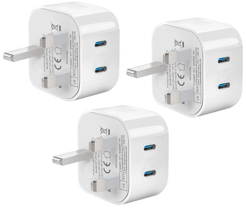 Bediaca USB C Plug,20W 3 Pack USBC Wall Plug Fast Charger Plug UK Compatible with iPhone 16/15/15 Pro/15 Pro Max/14/14 Pro/13/13 Pro/12/12 Pro/11/ipad,Dual Port USBC Charging Plug for Watch/ipad