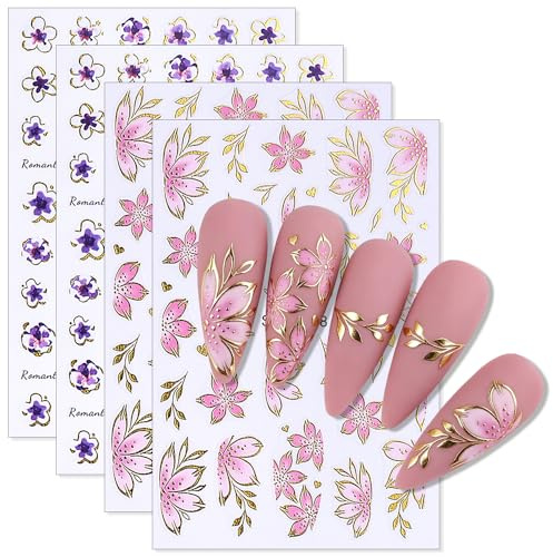 Gold Linie Kirschblüte Nagelsticker Blumen Sticker Nägel Rosa Lila Cherry Blossom Flower Nail Sticker Blumen Blatt Sakura Nagel Stickers 3D Bronzing Rand Blütenblätter Nagelaufkleber Nail Art