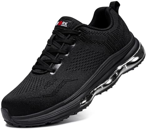 LARNMERN Safety Trainers Non Slip Steel Toe Cap Shoes Men Work Trainer Sneakers Lightweight Comfortable Breathable Running(9 UK, Black-Cushioned)