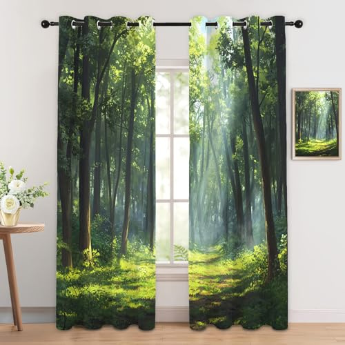 Luxfieo Grüner Wald Vorhänge Wald Natur Landschaft Vorhang Blickdicht Gardinen Verdunklungsvorhänge mit Ösen Thermovorhang für Wohnzimmer Schlafzimmer Fenster Deko 2er Set H 245 x B 140 cm
