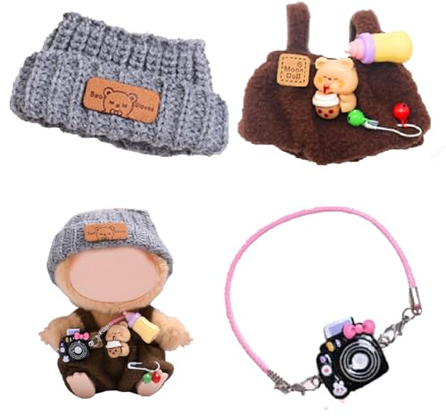 Goorder 17cm Puppenkleidung – 5er-Set Kleidung für Puppen-Outfit – Zubehör für Puppenkleidung + Brauner Plüsch-Overall – Graue Wollmütze + Kleine Kamera + Flasche + Bär, Keine Puppe Enthalten