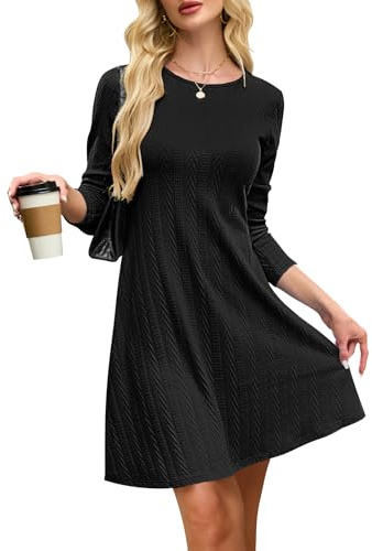 AUSELILY Womens Jumper Dress Long Sleeve Knitted A Line Mini Dresses | Soft rayon spandex knit dress with stylish texture. Features round neck & A-line swing shape for casual autumn and winter