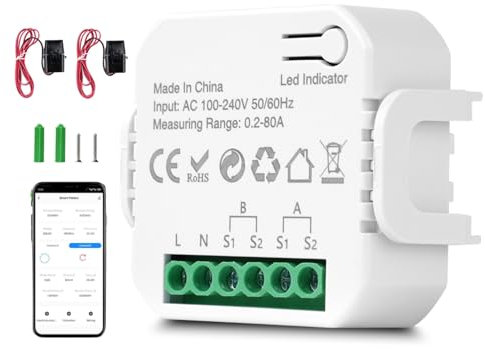 Jadeshay Smart Meter Energy Monitor, Misuratore di Energia Misuratore Consumo Elettrico Wifi Monitor Di Potenza Bidirezionale 80A, Controllato Tramite App Tuya Smart E Smart Life