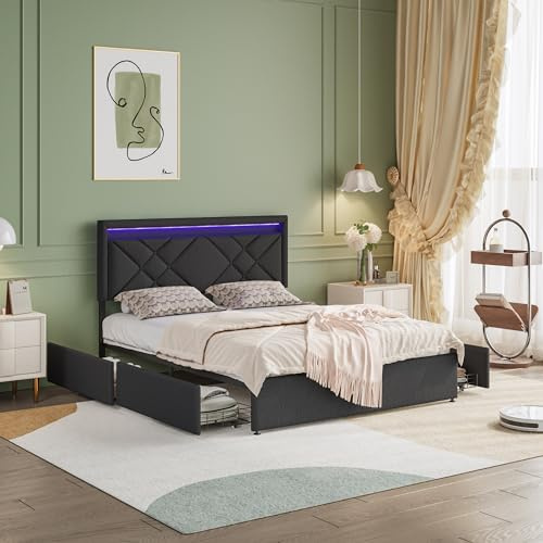 FEEOHOME Schubladenbett, 140 x 200 cm, Doppelbett mit Lattenrost und 4 Schubladen aus Eisen, gepolstertes Doppelbett, Kopfteil mit LED und USB-Anschlüssen, Bettgestell für Erwachsene, Jugendliche