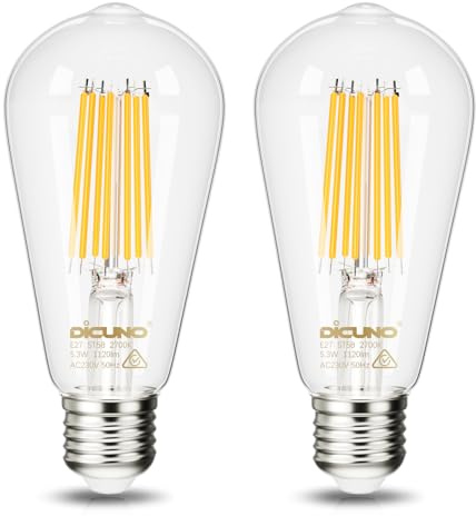 DiCUNO Ultra Efficient E27 LED, 5.3W=80W Warm White 2700K 1120LM 2Pcs | ST58 A-Label E27 Edison Screw Light Bulb, Clear Filament Light, Non-dimmable