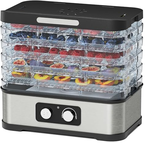 Konfintos - Deshidratador de alimentos para cececa, 5 bandejas apilables sin BPA, temperatura ajustable y temporizador de 72 horas y máquina deshidratadora compacta de 250 W para carne, frutas