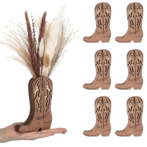 LemonRoad Wooden Cowboy Boot Vases for Wedding 6 x 4'' Small Cowboy Boot Flower Vase for Flower Faux Greenery Rustic Western Decor for Table Centerpiece Weddings Party(Classic,Brown,6 Pcs)