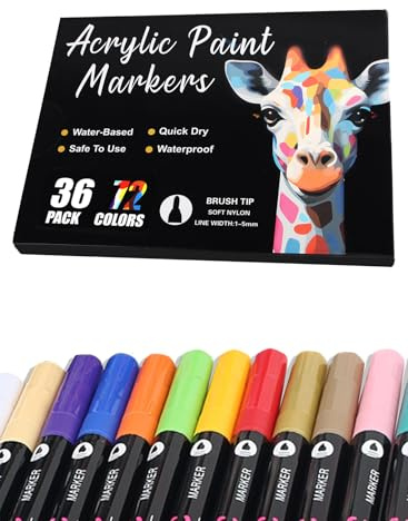 36 Acrylstifte Set, 72 Farben Acrylic Marker Doppelspitze Pinselspitze | Vielseitig einsetzbar | Starke Deckkraft | Farbecht | Wasserfest | Acrylmarker für Eier, Holz, Leinwand, Kunststoff, Glas