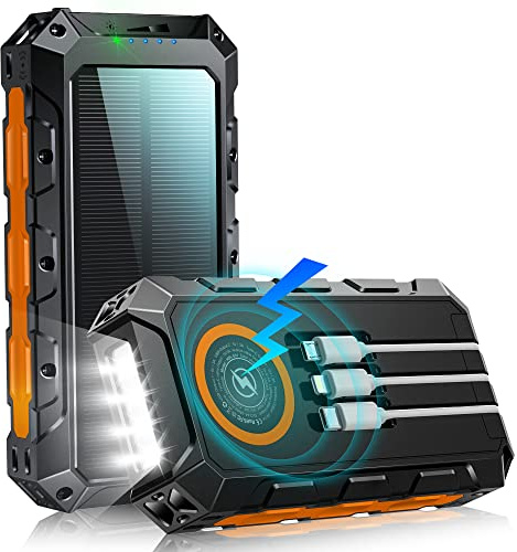 Power Bank 52800mAh: Solaire Batterie Externe avec Charge Rapide 30W PD, 3 Câbles Intégrés, 5 Sorties, 2 Entrées, Charge sans Fil, Chargeur Portable pour Smartphones (Orange)